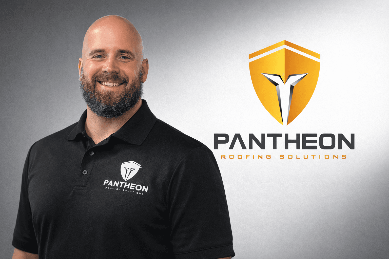 Brad Shaner, Owner-Operator of Pantheon Roofing Solutions, in branded polo with the Pantheon shield logo